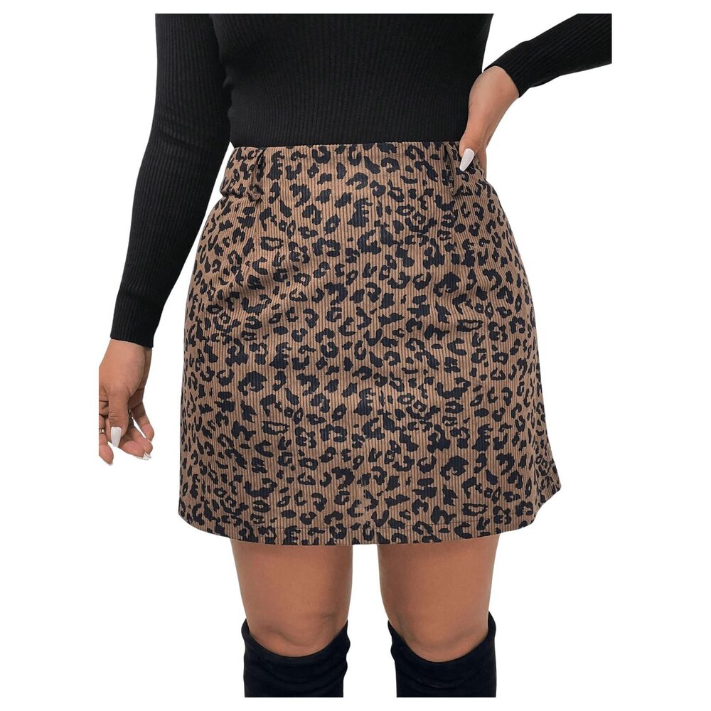 6886 Plus Size Mini Skirt Leopard Print Rib Knitted Straight Hem Short
